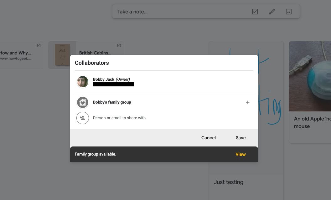 A popup window titled "Collaborators" with options to share the current Keep note.