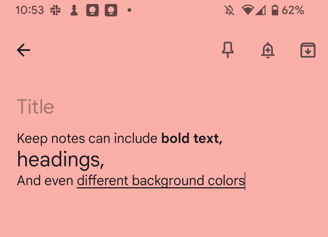 A Google Keep note with a pink background, bold text, and other basic text formatting.