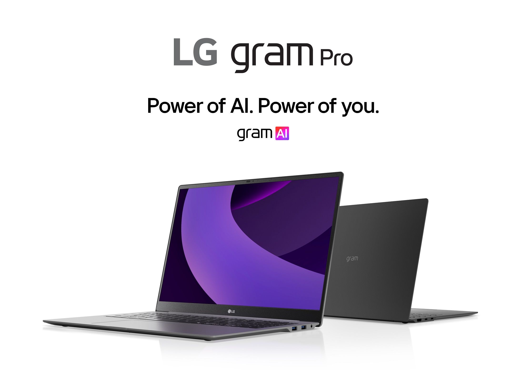 LG gram laptops next to each other with power of ai power of you being shown