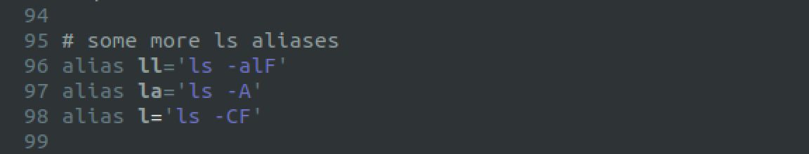 A .bashrc excerpt showing three aliases for ls with various combinations of options.