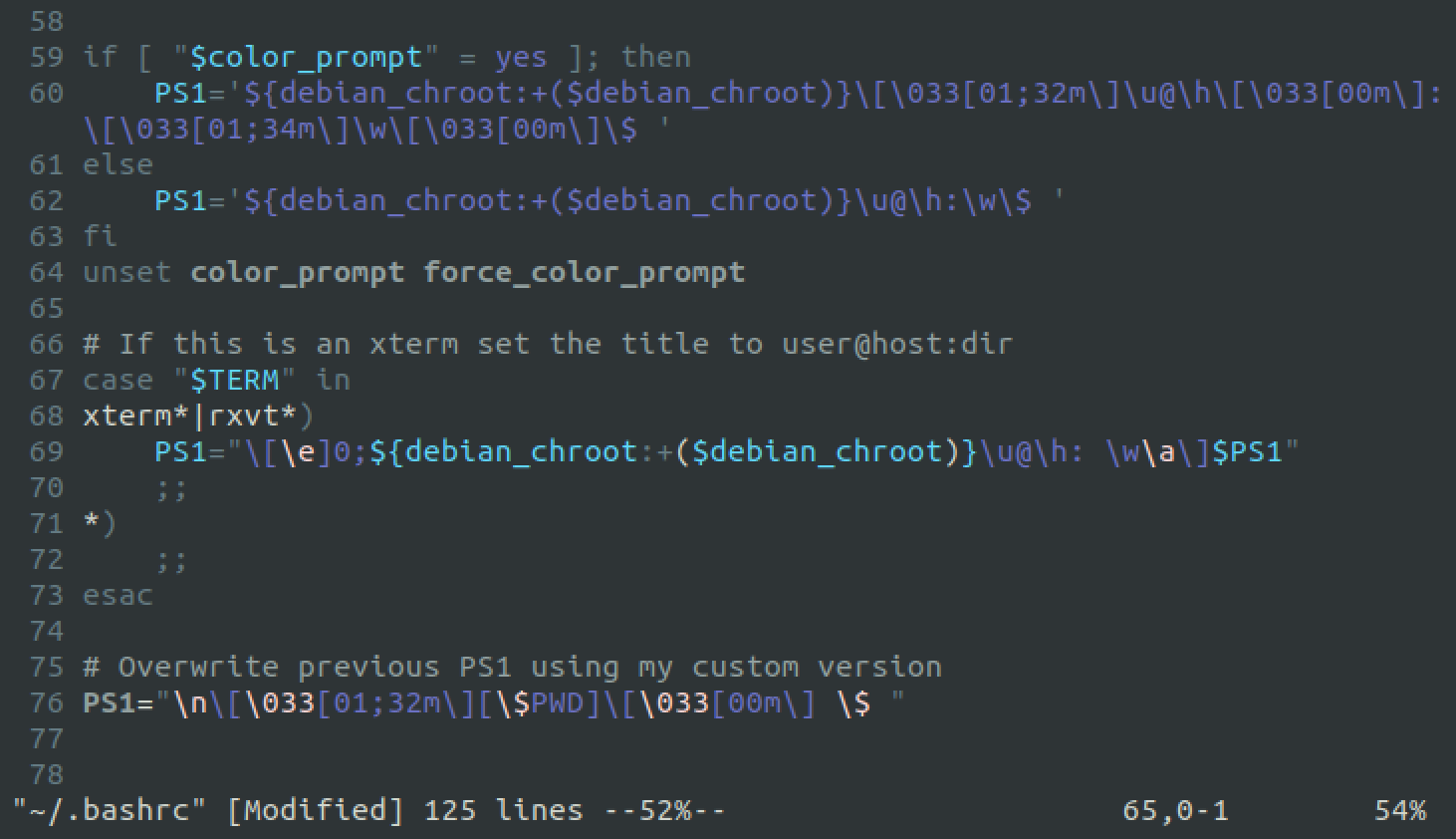 An excerpt from a .bashrc file showing various prompt settings and a custom user one overriding them afterwards.