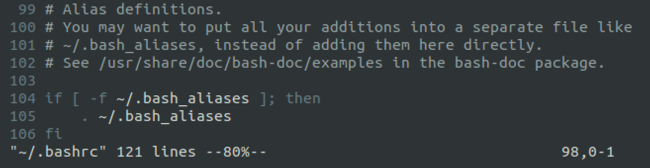 An excerpt from a Linux .bashrc file showing how to source another file.