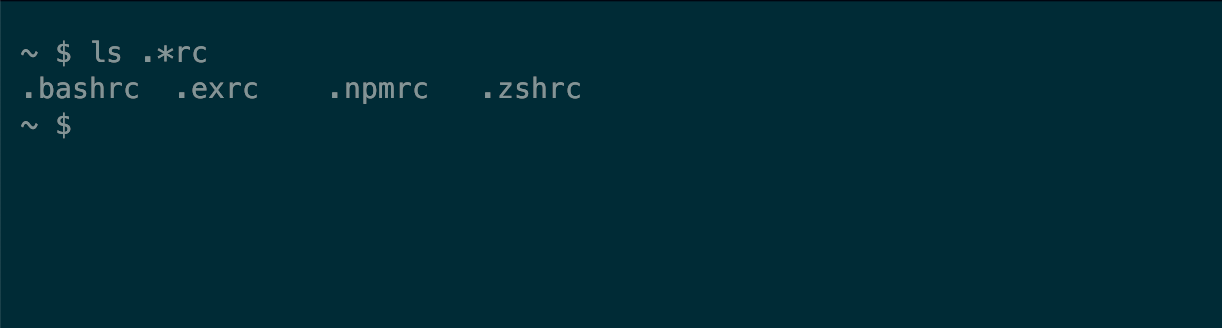 A terminal showing four hidden run control files including .bashrc and .zshrc.