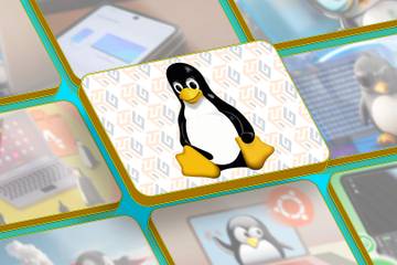 Linux mascot at the center of the screen with some featured images of articles beside it.