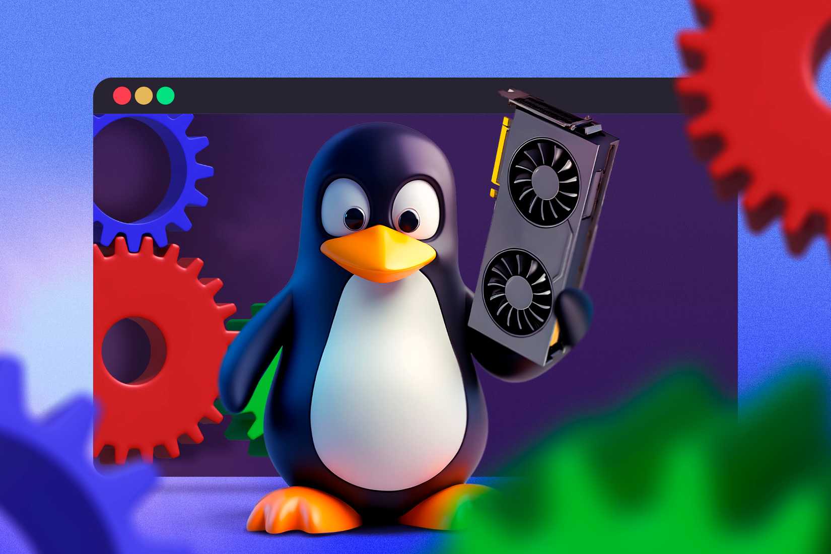 Linux mascot holding a GPU with some gears in the background.