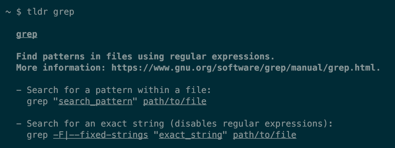 A tldr page showing information about the grep command.