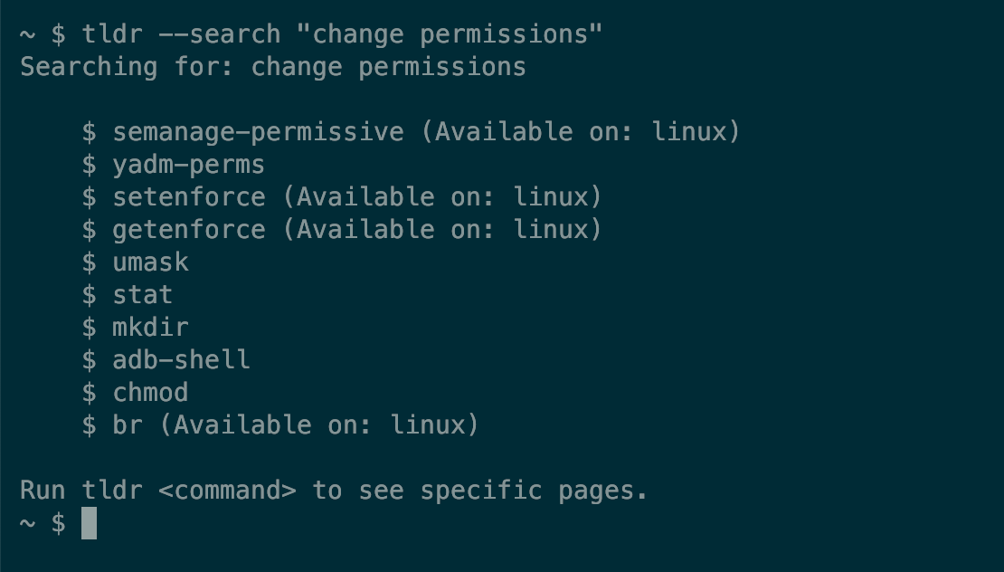 Search results from the tldr page showing commands relevant to the phrase "change permissions," including umask and chmod.