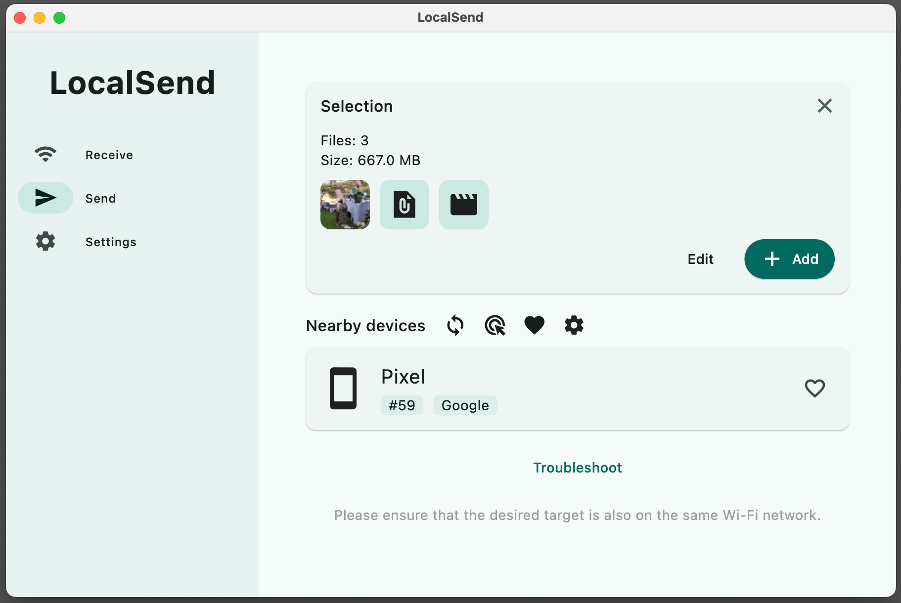 Wireless file transfer app LocalSend running on macOS.