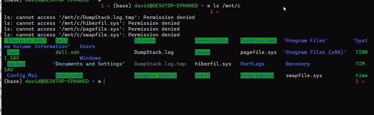 Running ls command on /mnt/c in WSL.