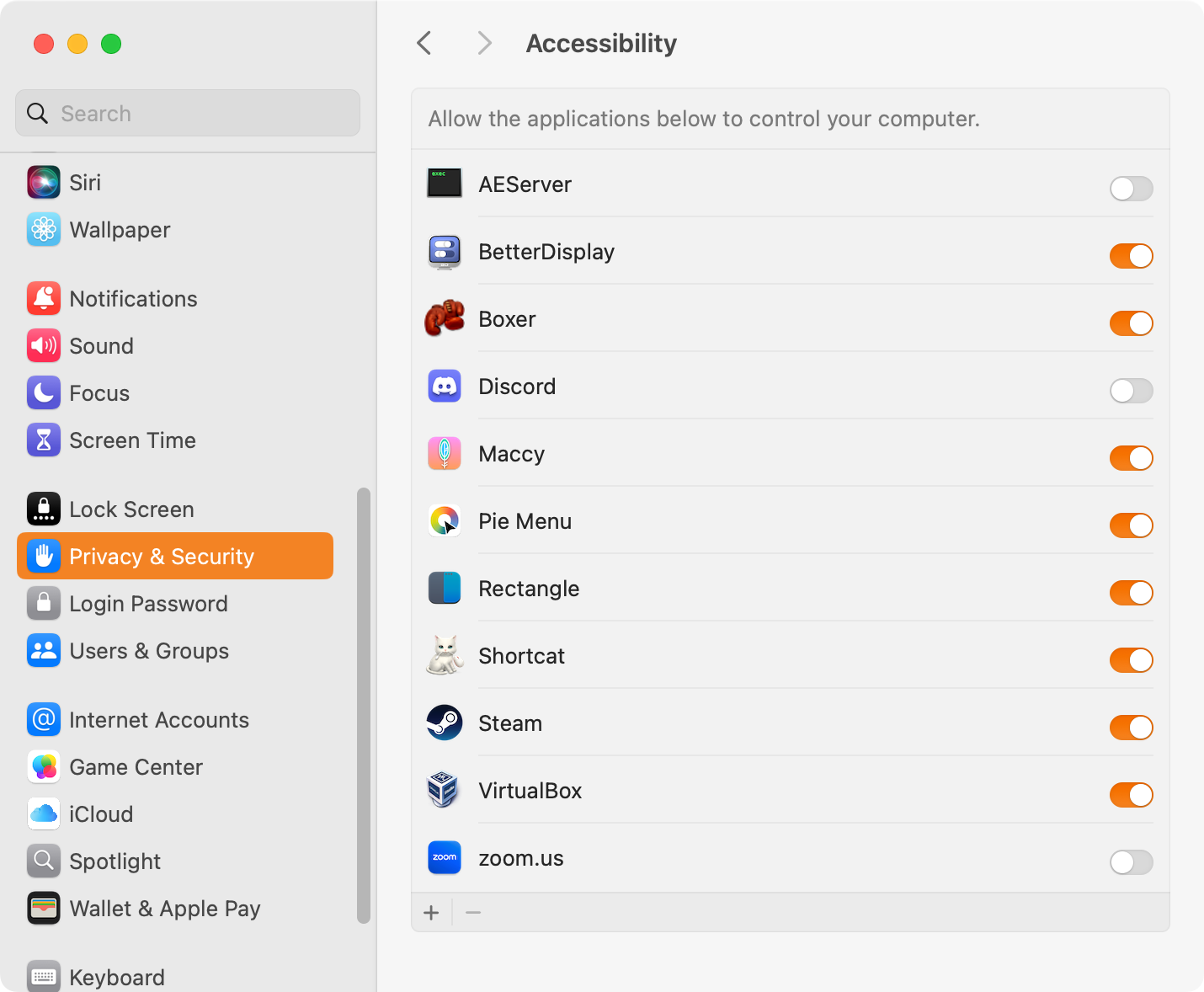 macOS Privacy & Security settings showing Accessibility options that allow various apps to control the computer.