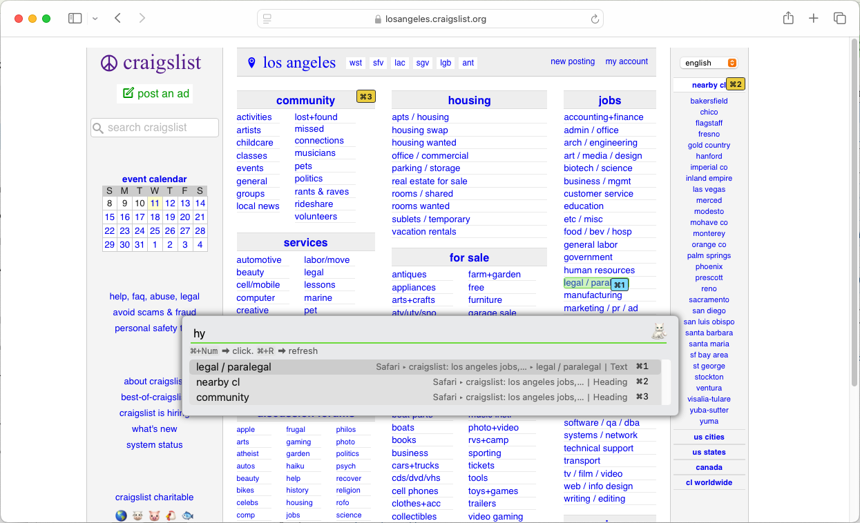 The craigslist website, a simple page with many links, showing a labelled link for a simple search.