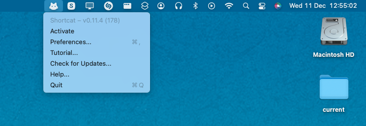 A macOS menu bar showing the shortcat menu with options to activate, set preferences, and quit the app.