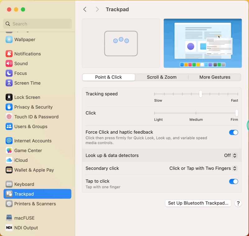 Stock macOS Trackpad Settings.