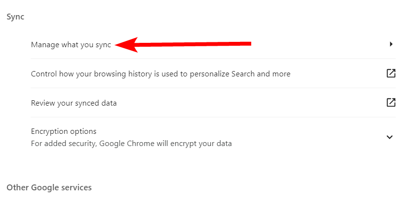 The "Manage What You Sync" option in Google Chrome settings.