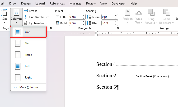 Microsoft Word's Column drop-down menu, with 'One' selected to turn the selected section into one column.