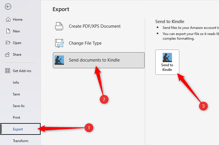 Microsoft Word's File menu opened, with Export, Send Documents To Kindle, and Send To Kindle selected.