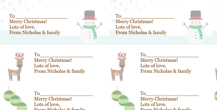 Microsoft Word's gift tag template, with the placeholder text filled in with a message, and the message duplicated to the other designs.