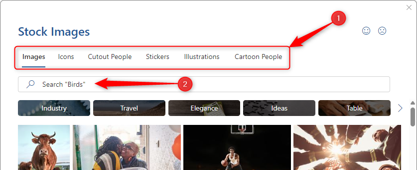 Microsoft Word's Stock Images gallery, with the tabs and search bar highlighted.