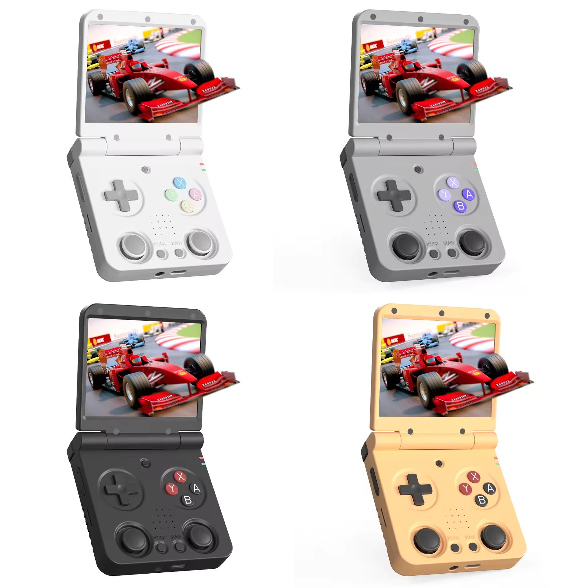 Four Miyoo Flip handheld consoles showcasing the white, silver, gray, and yellow color finishes.