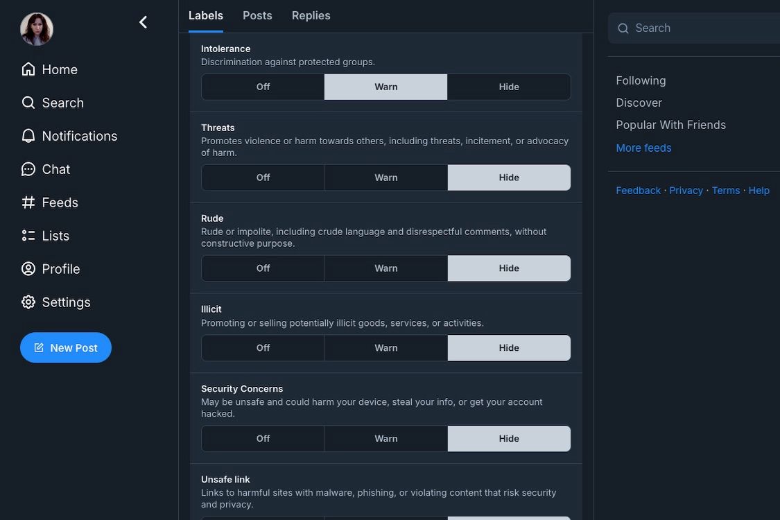 The toggles for various moderation tools on Bluesky, including intolerance, threats, and rudeness.