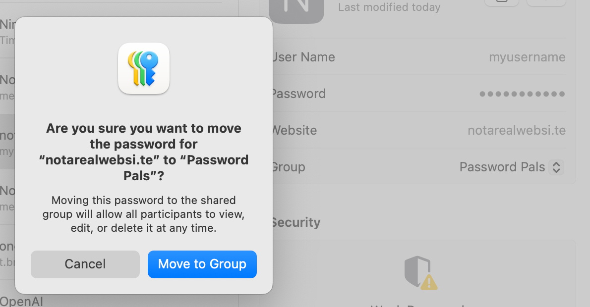 Moving a password to a shared group in Apple Passwords for Mac.