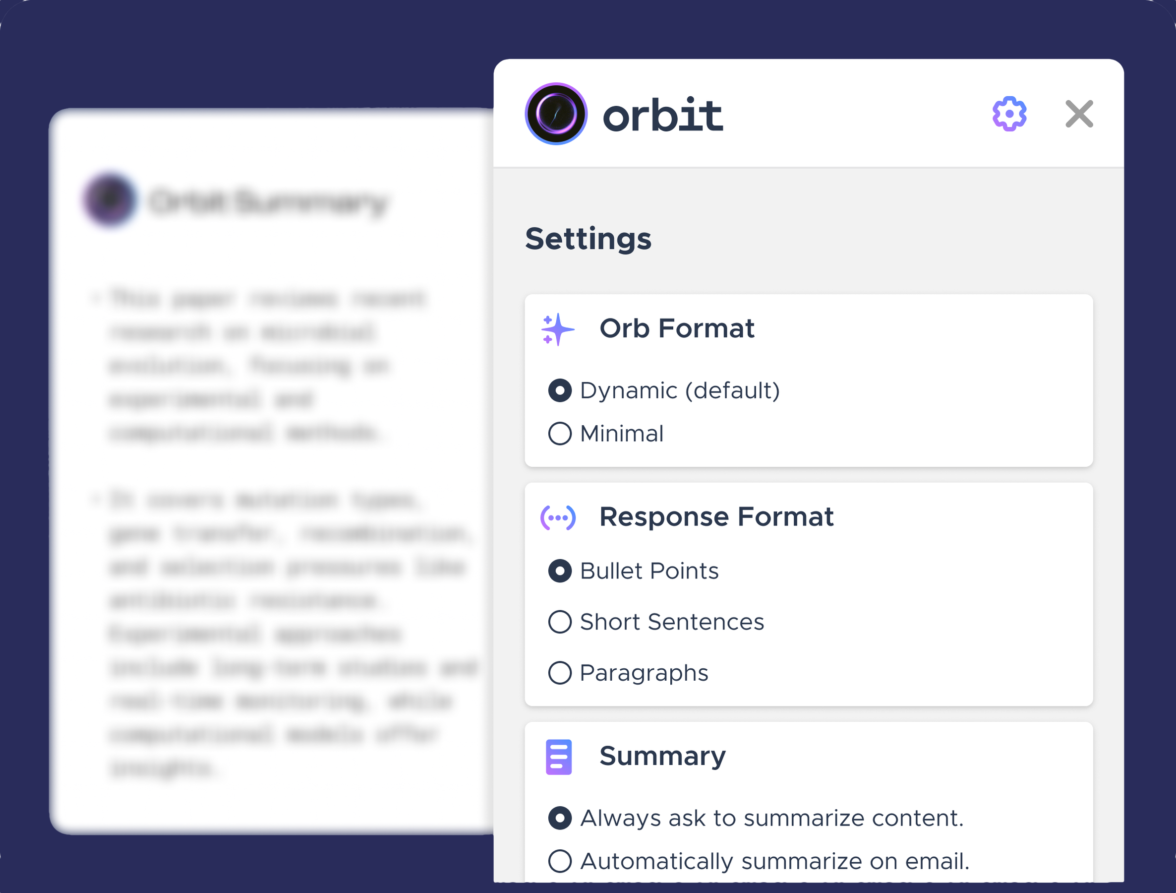 Settings for the Mozilla Orbit AI extension.