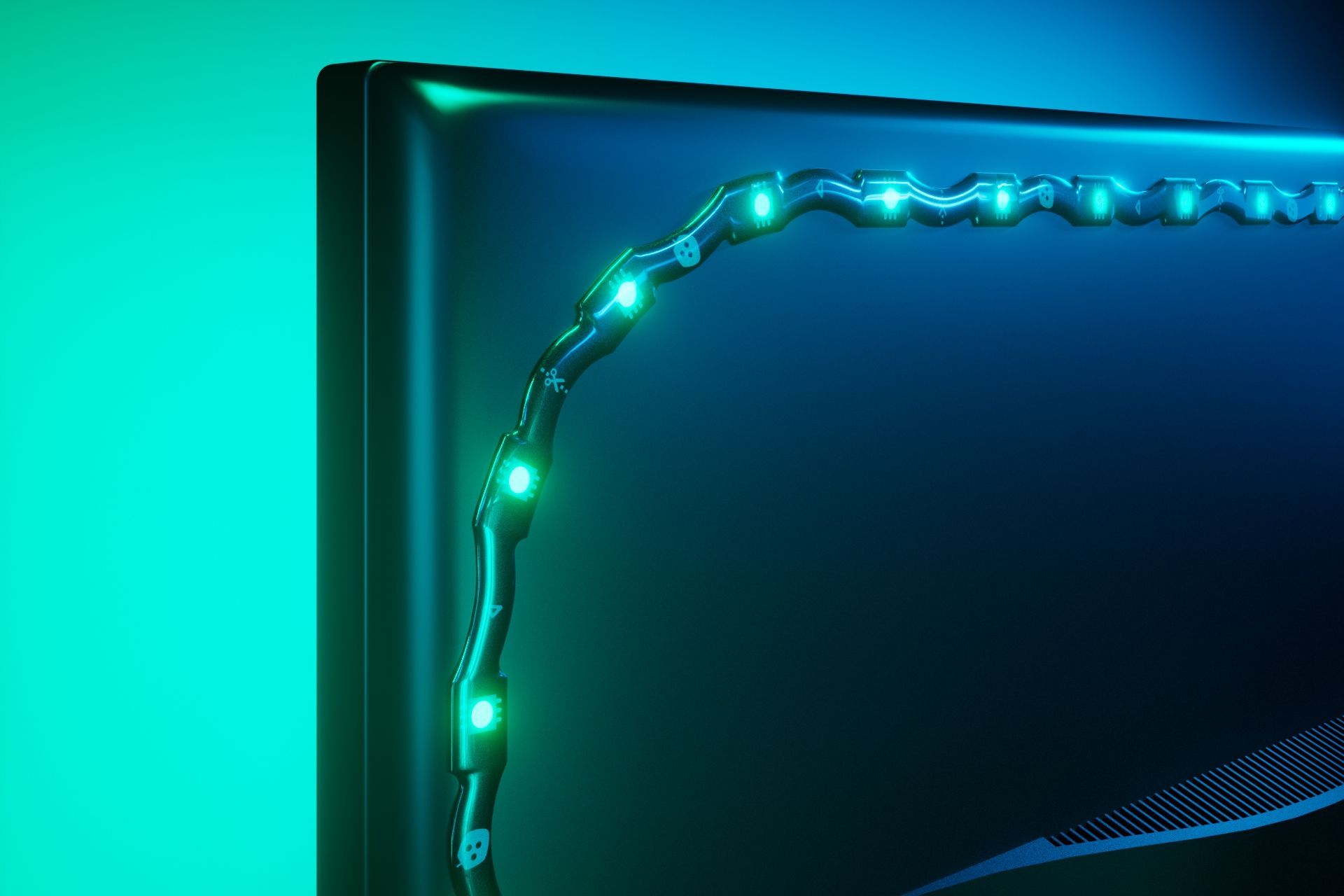 Closeup of a monitor backside with Nanoleaf's bias lighting bent around the corner.