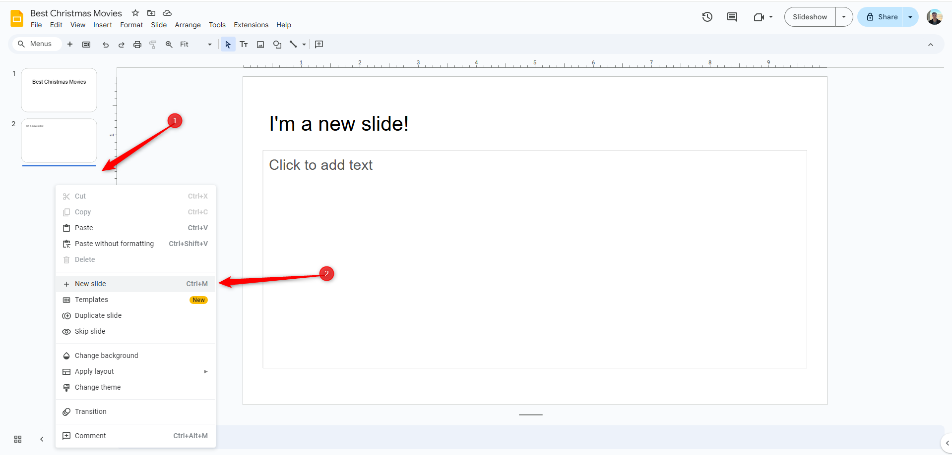 Adding a new slide in Google Slides.