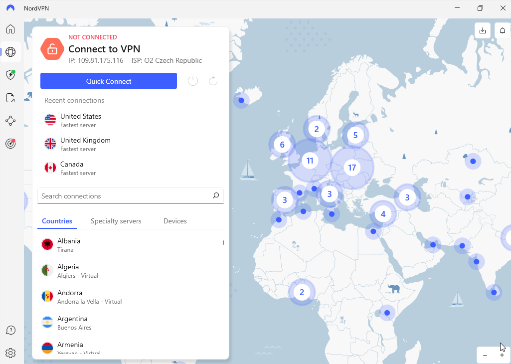 A picture of NordVPN's main VPN screen.