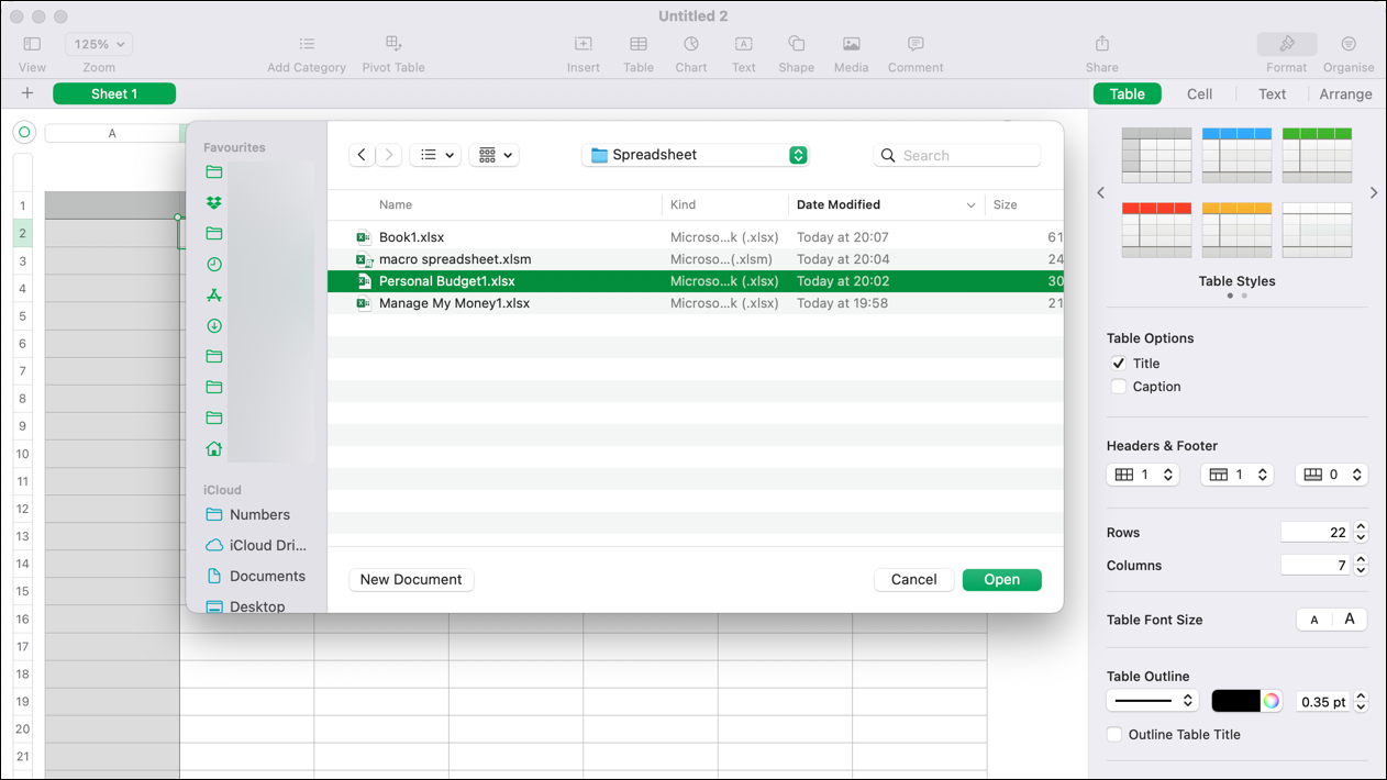 The Apple Numbers open file menu, showing various Excel files to open.