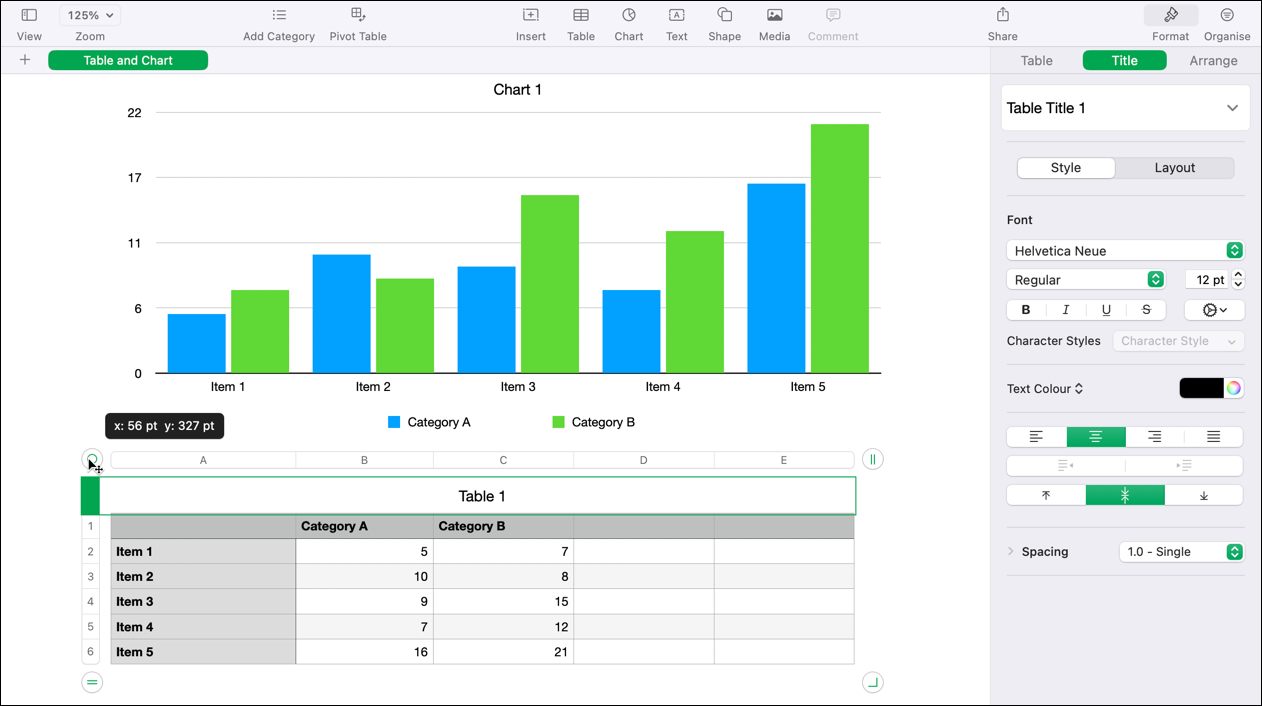 A converted Excel spreadsheet in Apple Numbers, showing a moveable table on the Number's canvas.