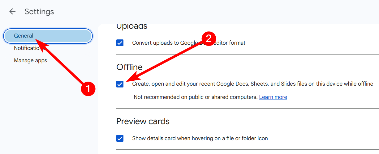 Enabling offline mode in Google Drive.