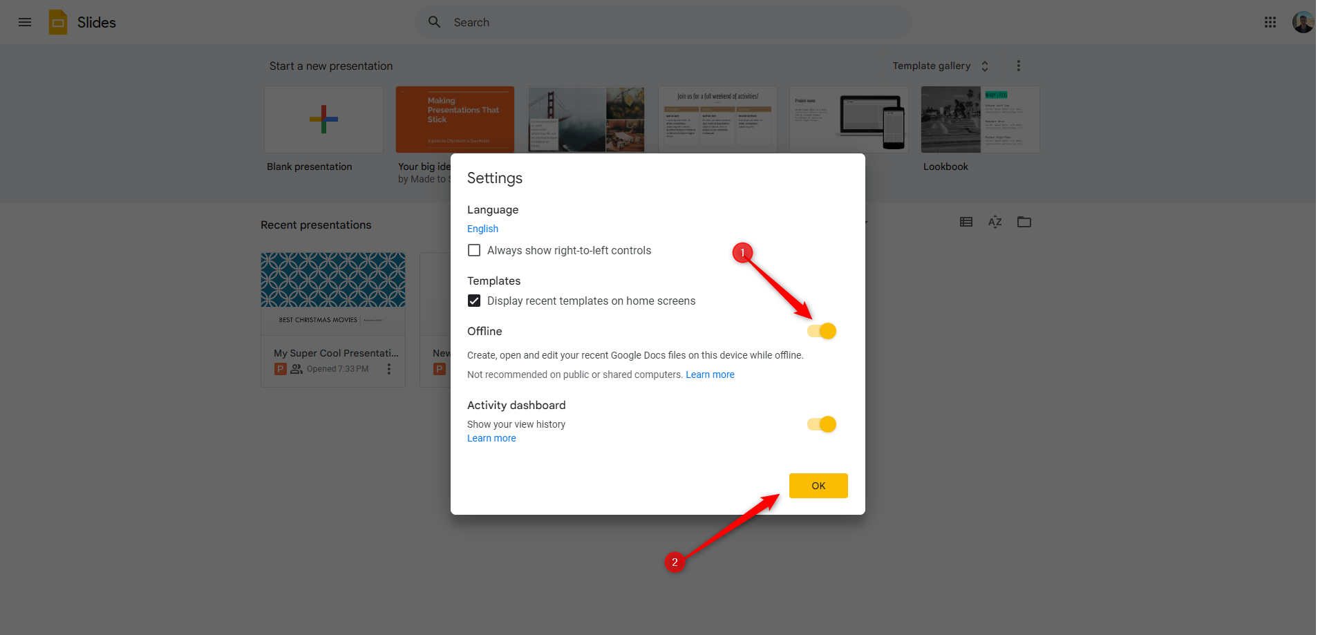 The "Settings" menu in Google Slides.