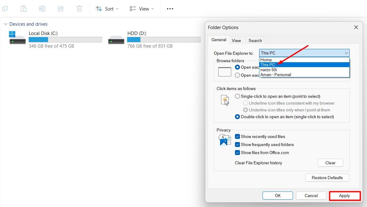 Open File Explorer to option in Folder Options window.