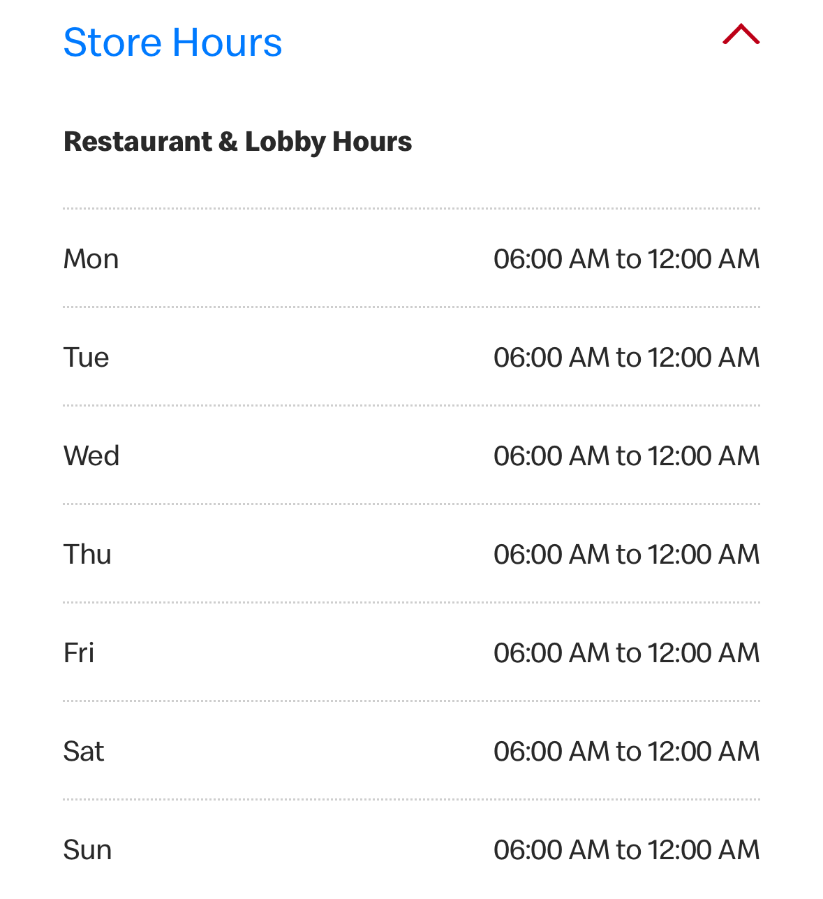 Opening hours for a store on a webpage showing that the store is open from 6am to 12am.