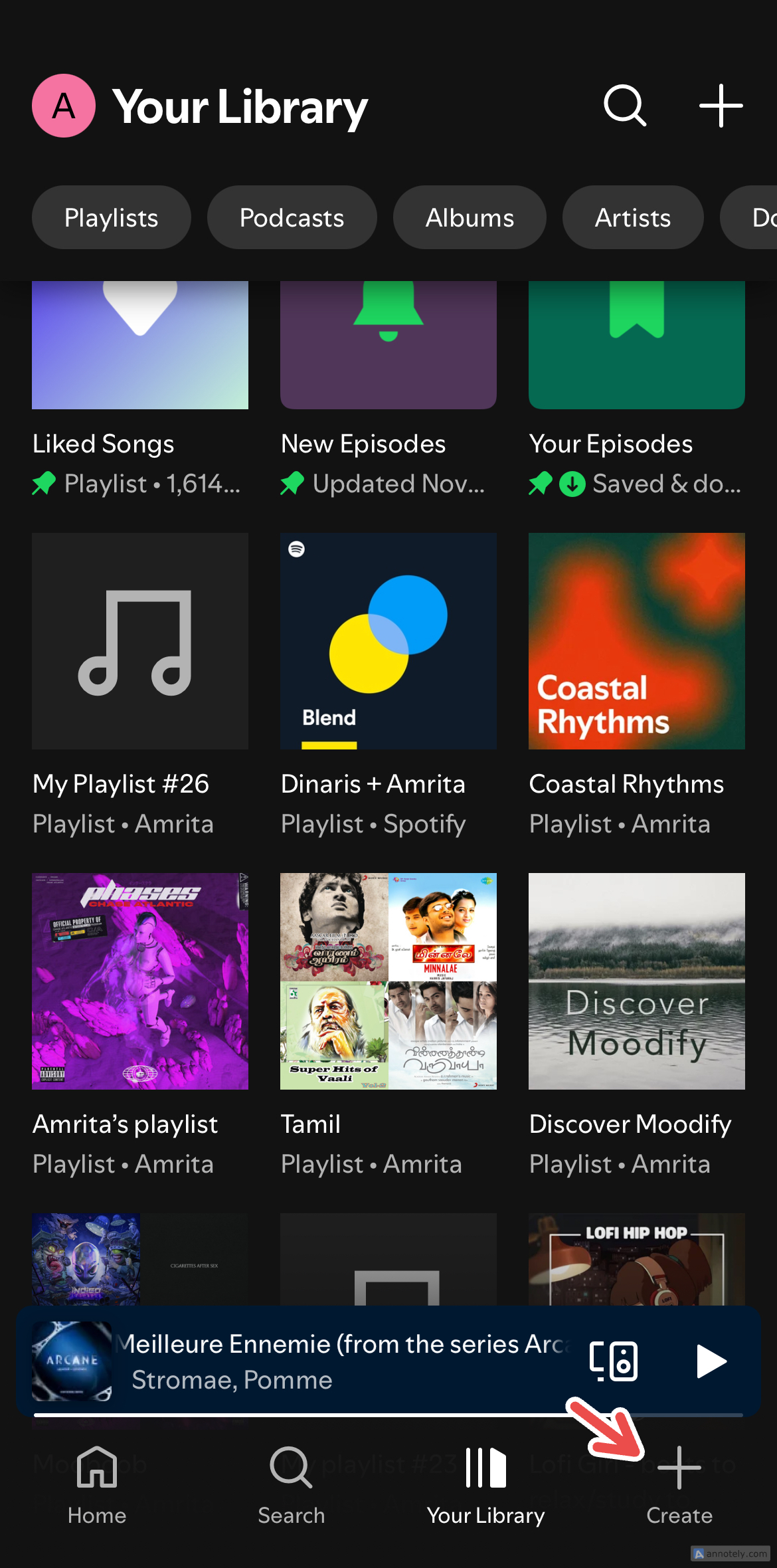 The Create button for Spotify.