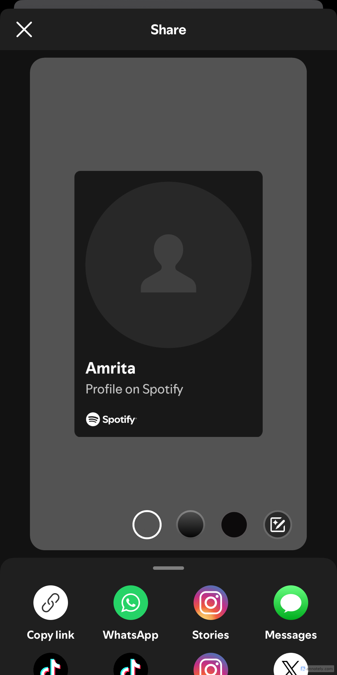 Sharing a profile through a link on Spotify.