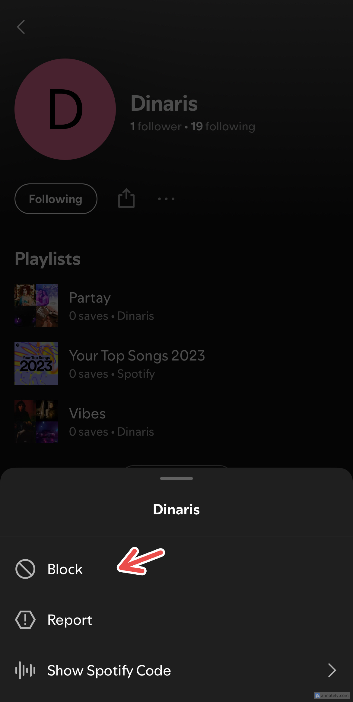 Blocking a person on Spotify.