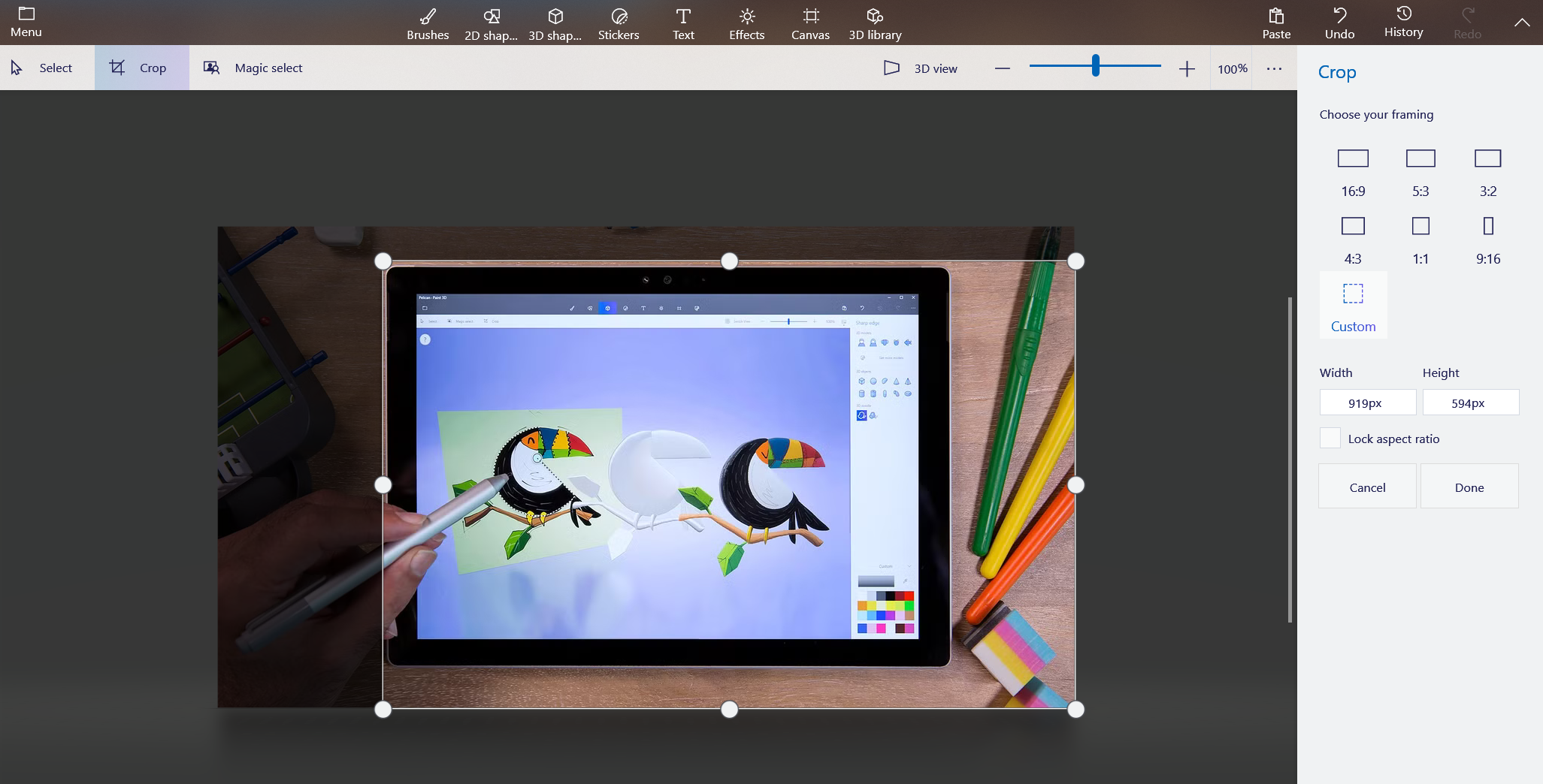 Paint 3D Crop menu.