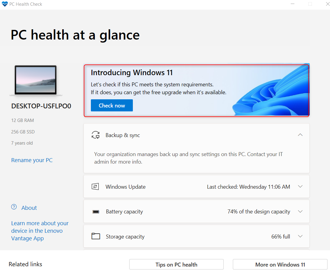 Windows PC Health Check window open in Windows 10.