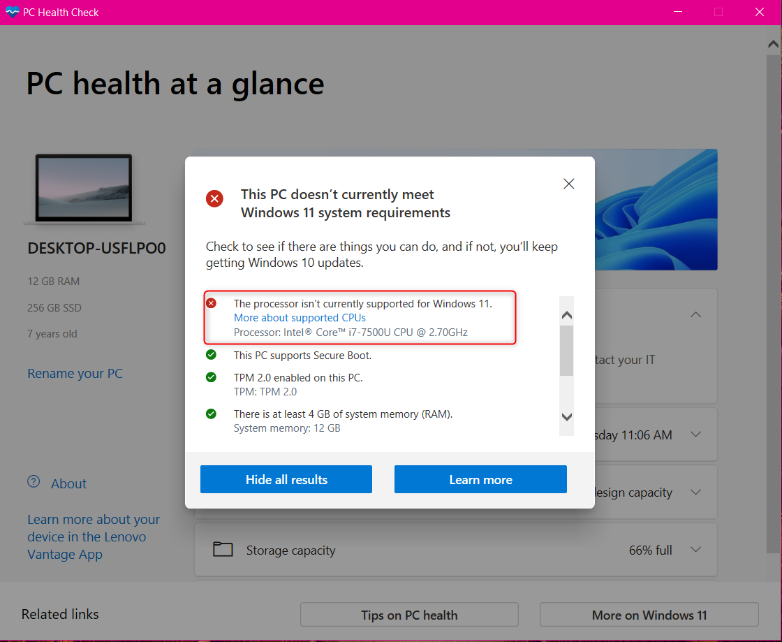 Microsoft's PC Health Check results showing the PC doesn't currently meet Windows 11 system requirements.