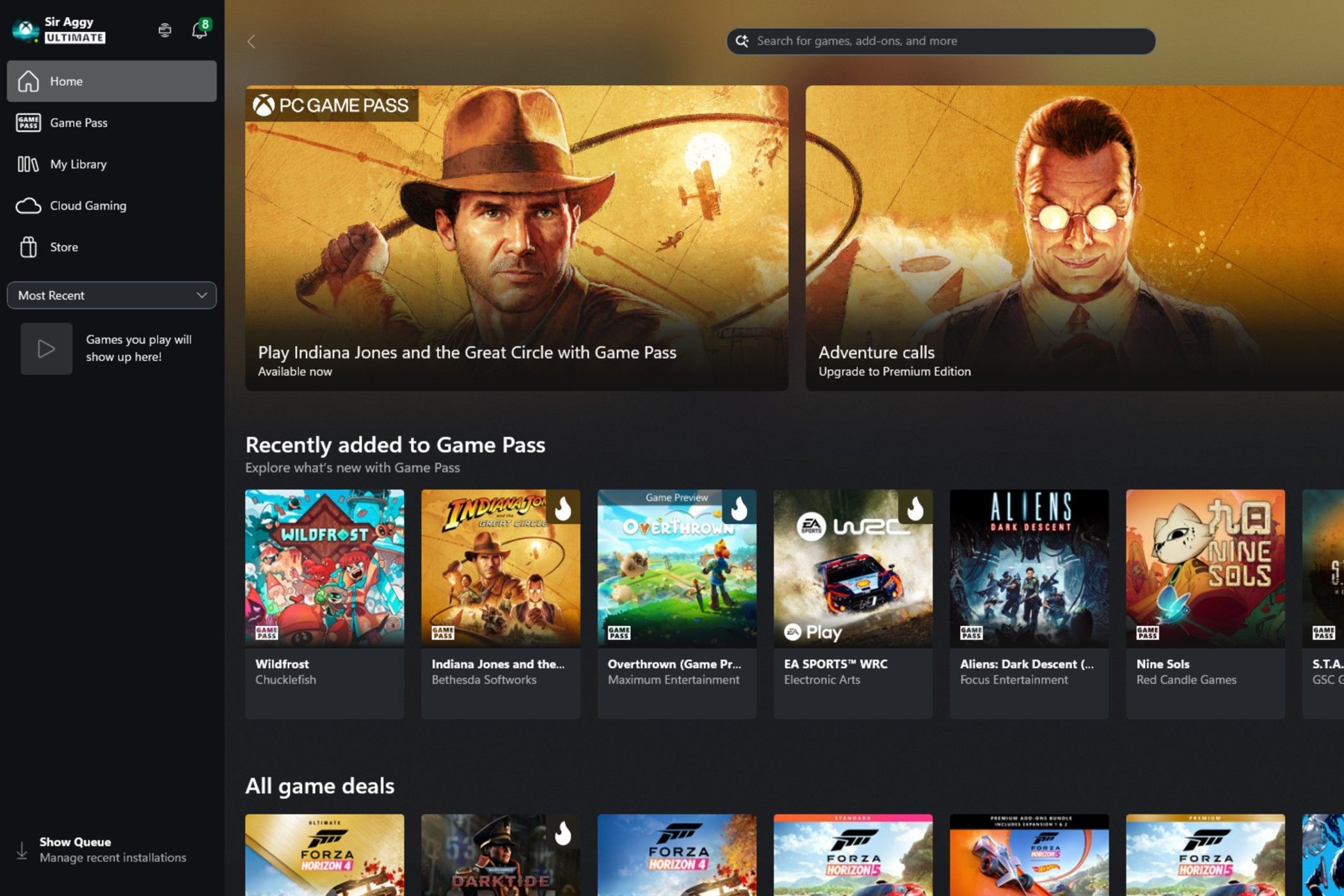 PC Xbox App With New Changes With the Home Tab selected. Indiana jones is the cover banner.