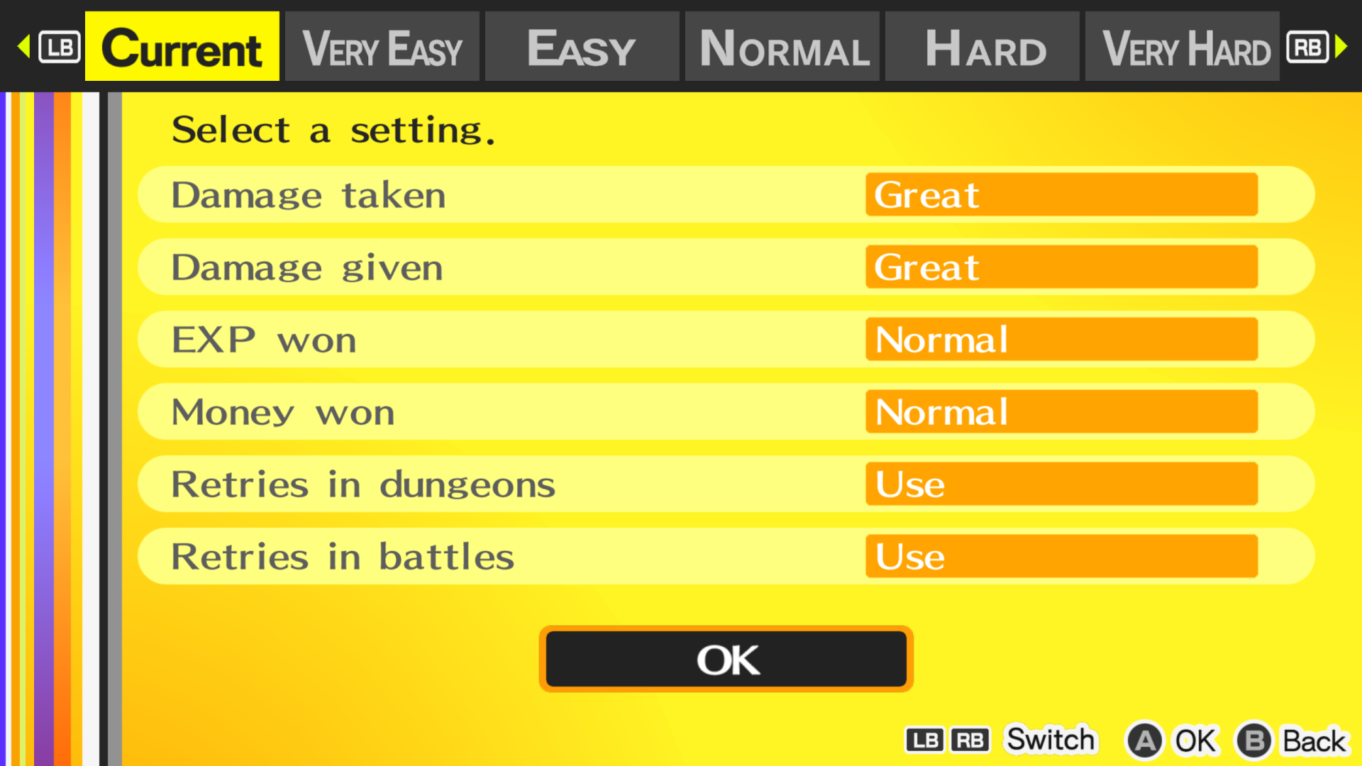 Persona 4 Difficulty settings screen. 