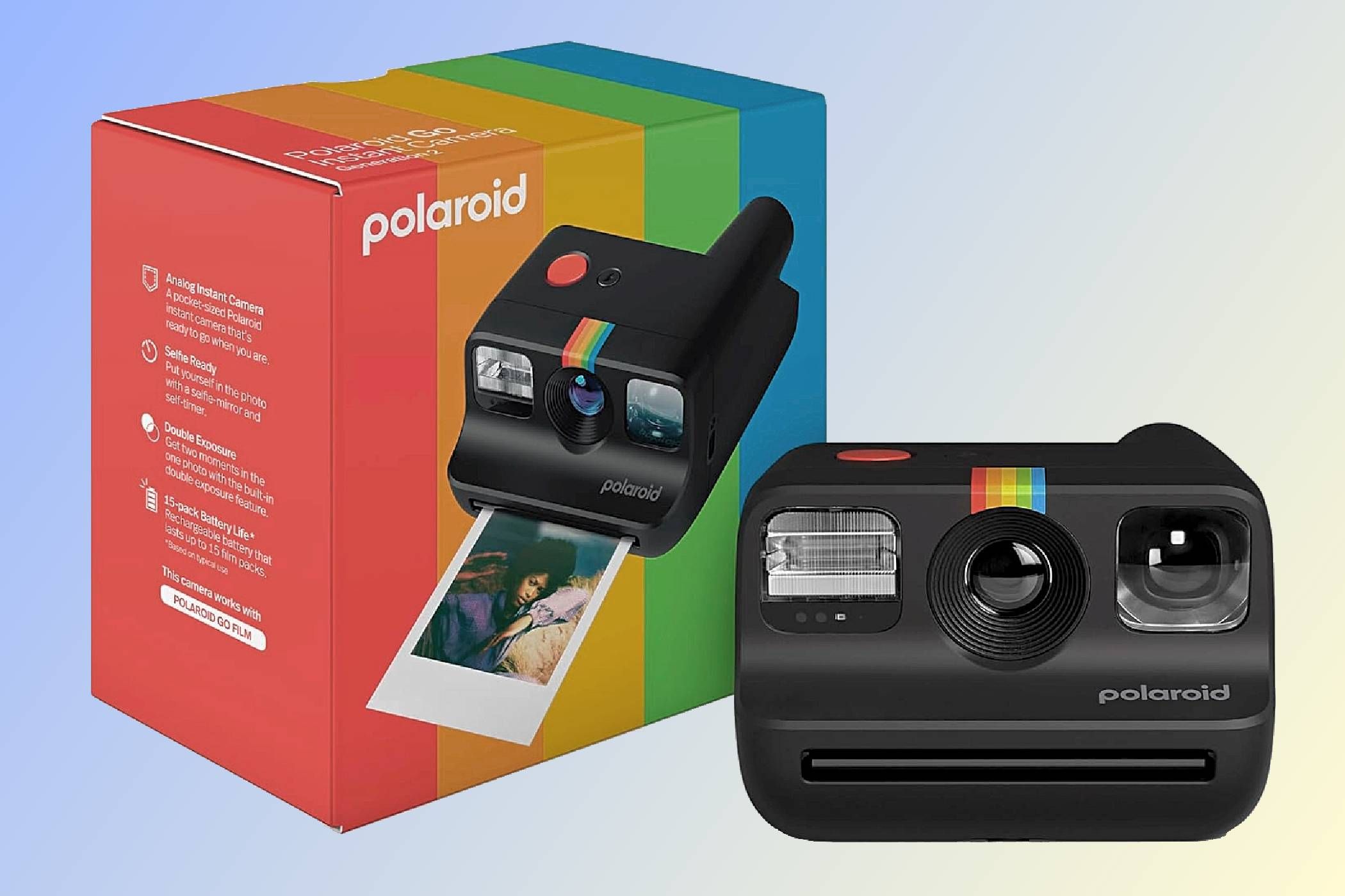 A Polaroid Go (Gen 2) next to its packaging. 