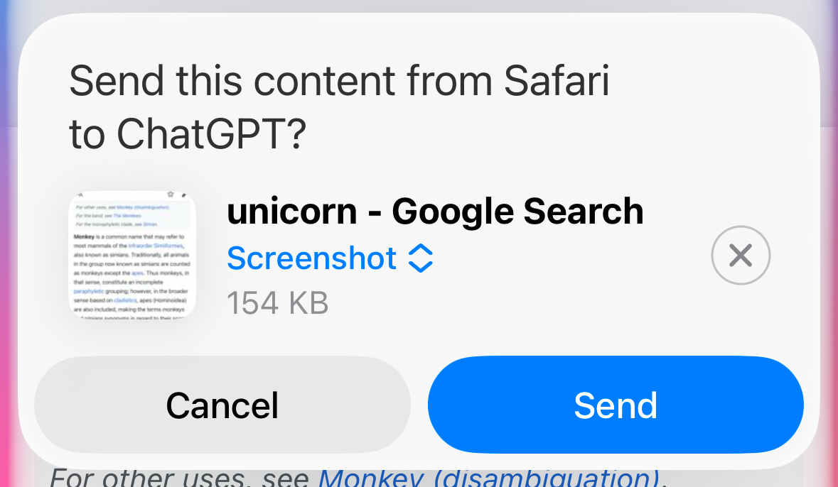 Pop up requesting to send a screenshot to ChatGPT on iPhone.