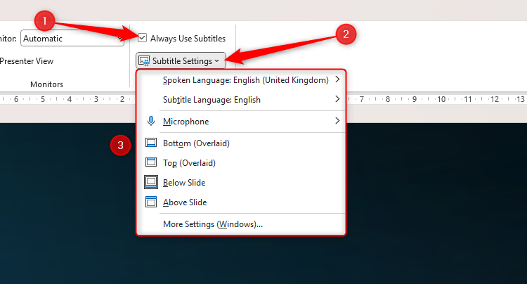 A caixa Sempre usar legendas do PowerPoint está marcada e o menu suspenso Configurações de legenda é expandido.