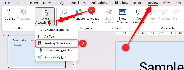 PowerPoint's Reading Order Pane is selected in the Check Accessibility drop-down in the Review tab.