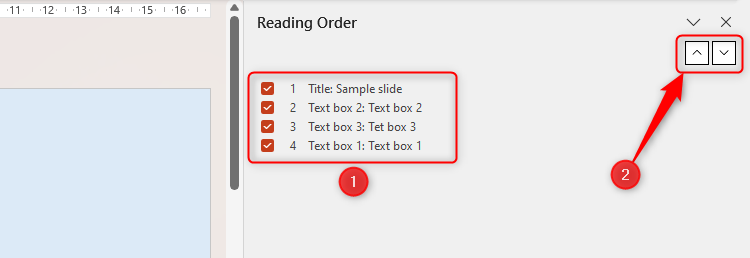 PowerPoint's Reading Order Pane, with the items selected and the arrows to reorder the items highlighted.