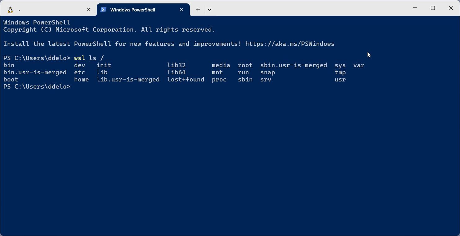 Running WSL Ubuntu Linux ls command from Windows PowerShell.