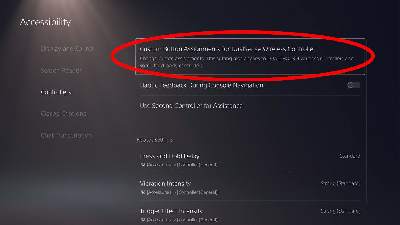 A red circle around the "Custom Button Assignments" option on the PS5 Accessibility menu.